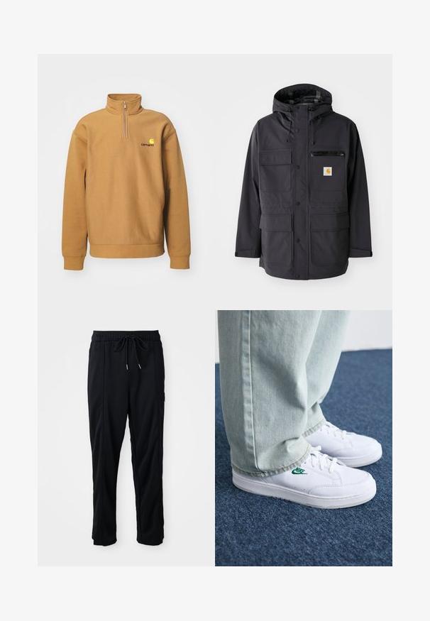 Veste à capuche noire en tissu lisse, avec plusieurs poches à l'avant, une poche zippée sur la poitrine et un patch logo.; Sweatshirt en polaire beige ; avec un col zippé sur la moitié, des poignets côtelés et un logo contrastant sur la poitrine.; Pantalons décontractés noirs à taille à cordon de serrage avec poches latérales et coupe droite sur fond uni.; Baskets en cuir blanc avec logo Nike vert, bout rond, semelle plate, associées à un pantalon en denim bleu clair, présentées sur un tapis bleu.