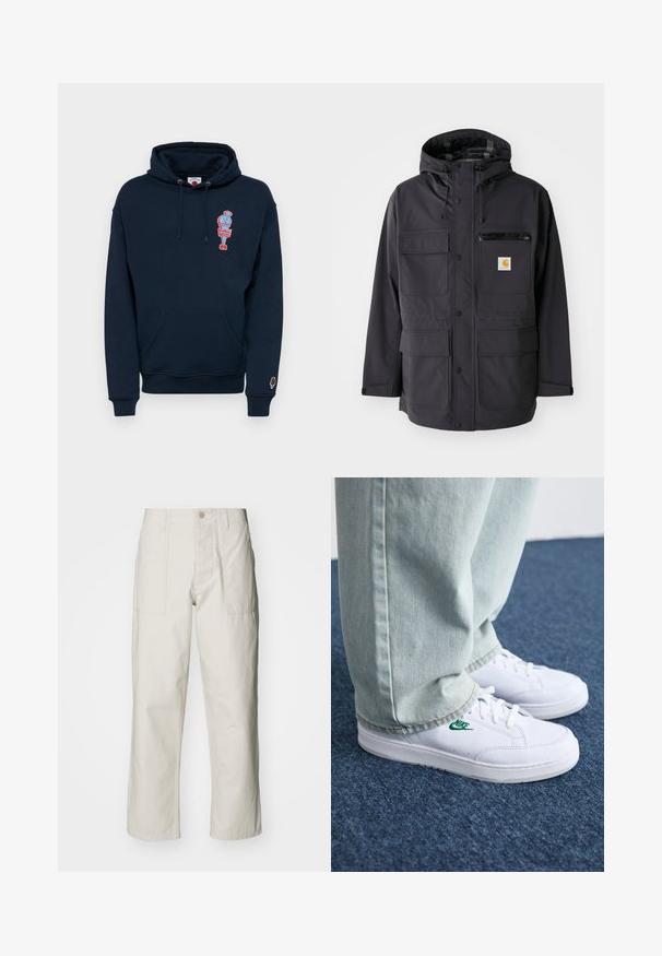Fekete kapucnis dzseki sima anyagból, több elöl lévő zsebbel, egy cipzáras mellzsebbel és logóval ellátott folttal.; Sötétkék kapucnis pulóver pamut keverékből, elöl kenguru zsebbel és színes fagyi grafikával a mellrészen.; Világos bézs, bő szárú nadrág, pamutból készült. Elöl zsebekkel és gombos záródással rendelkezik. Simított textúrájú, finom függőleges csíkokkal.; Fehér bőr sportcipők zöld Nike logóval, kerek orral, lapos talppal, világoskék farmernadrággal párosítva, kék szőnyegen bemutatva.