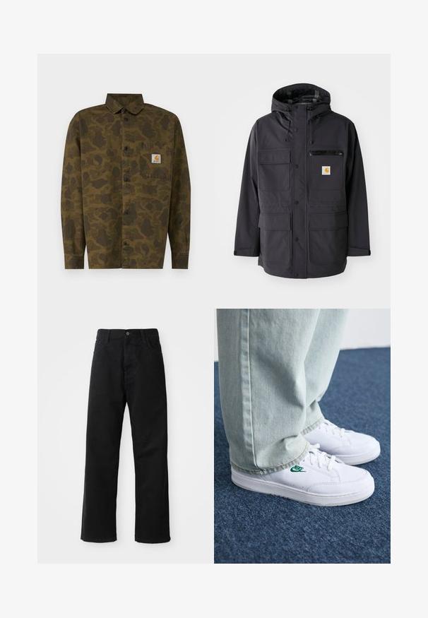 Giacca nera con cappuccio realizzata in tessuto liscio, caratterizzata da molteplici tasche frontali, una tasca sul petto con zip e un patch con logo.; Camicia a fantasia mimetica in tonalità di verde e marrone, con design a bottoni, maniche lunghe e una tasca sul petto con una patch con logo.; Pantaloni in denim nero con taglio dritto, caratterizzati da tasche frontali, chiusura con zip e un singolo bottone superiore. Tessuto testurizzato con finitura opaca.; Sneakers in pelle bianca con logo Nike verde, punta rotonda, suola piatta, abbinati a pantaloni in denim azzurro, mostrati su un tappeto blu.