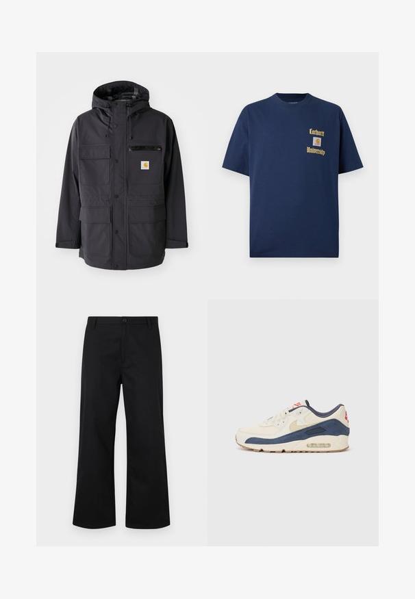 Schwarze Kapuzenjacke aus glattem Material, ausgestattet mit mehreren Vordertaschen, einer mit Reißverschluss versehenen Brusttasche und einem Logopatch.; Marineblaue Baumwoll-T-Shirt mit kurzen Ärmeln, mit goldener Schrift "Carhartt University" und einem Logo-Patch auf der linken Brust.; Schwarze, weite Hosen aus glattem Stoff. Verfügt über einen Knopfverschluss vorne und einen Standardsaum. Minimalistisches Design, keine sichtbaren Muster.; Sneaker mit einem Obermaterial aus cremefarbenem Leder und marineblauem Wildleder, sichtbar luftgefüllter Sohle, beiger Gummisohle und rotem Akzent an der Ferse.