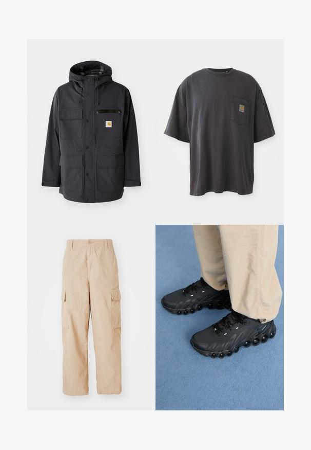 Crna kapuljača jakna od glatkog materijala, s višestrukim prednjim džepovima, zip-poklopcem na prsima i logotipom.; Crna pamučna majica s kratkim rukavima, okruglim izrezom i džepom na lijevoj strani grudnog koša s kvadratnom oznakom. Jednostavan i neukrašen dizajn.; Bež kargo hlače s opuštenim krojem, izrađene od lagane tkanine, s dva bočna kargo džepa i kopčanjem na gumb u struku.; Crne atletske cipele s teksturiranim gornjim dijelom, zakrivljenom potplatom i izraženim zračnim džepovima uz dno. Opremljene su vezicama i reflektirajućim detaljima.