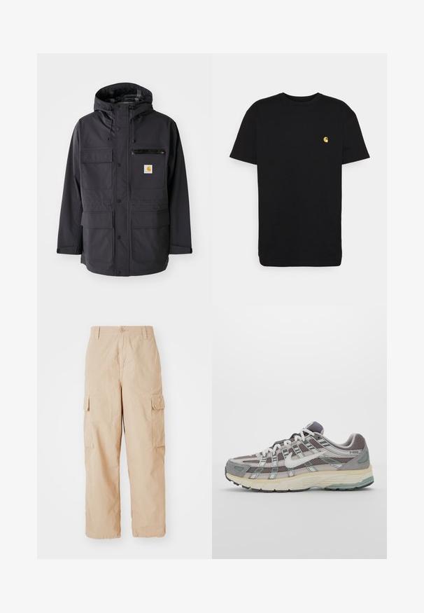 Crna kapuljača jakna od glatkog materijala, s višestrukim prednjim džepovima, zip-poklopcem na prsima i logotipom.; Crna pamučna majica s kratkim rukavima, okruglim izrezom i malim žutim logotipom na lijevoj strani prsa. Jednostavan dizajn i običan kroj.; Bež kargo hlače s opuštenim krojem, izrađene od lagane tkanine, s dva bočna kargo džepa i kopčanjem na gumb u struku.; Siva sportska tenisica s gornjim dijelom od mrežaste tkanine i zamshta, bijelim detaljima, amortizirajućom potplatom i prepoznatljivim dizajnom s refleksivnim elementima.