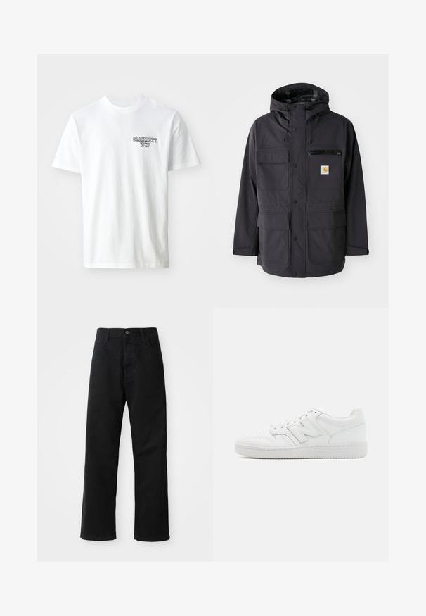 Sort hættetrøje lavet af et glat stof, med flere frontlommer, en lynlås brystlomme og et logo-patch.; Hvid bomulds T-shirt med rund halsudskæring. Har et lille blåt tekstlogo "CARHARTT WIP" på venstre bryst. Klassisk pasform, korte ærmer.; Sorte denimbukser med lige snit, der har frontlommer, lynlås og en enkelt knap i toppen. Struktureret stof med en mat finish.; Hvide sneakers lavet af glat læder, med perforeret tå, en tekstureret gummisål, flade snørebånd og et fremtrædende 'N' logo på siden.