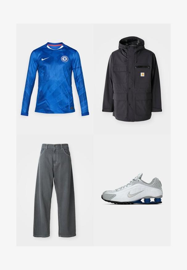 Juodas gobtuvas striukė su lygiu audiniu, turinti kelis priekiniai kišenes, užtrauktuku užsegamą krūtinės kišenę ir logotipo dėklą.; Mėlyna ilgarankovė futbolo marškinėliai su geometriniu raštu, Nike logotipu ir Chelsea FC emblema. Įrengti apvaliu kaklu su raudonais ir baltais akcentais.; Pilkos džinsinio audinio plačios kojos kelnės su aukštu liemeniu, su priekinėmis kišenėmis, juostos kilpomis ir sagtele liemens srityje.; Balti ir pilki Nike bėgimo batai su sidabriniu šaukiu, mėlynu spyruoklinio tipo pado vienetu ir juodomis padangomis ant vientiso fono.