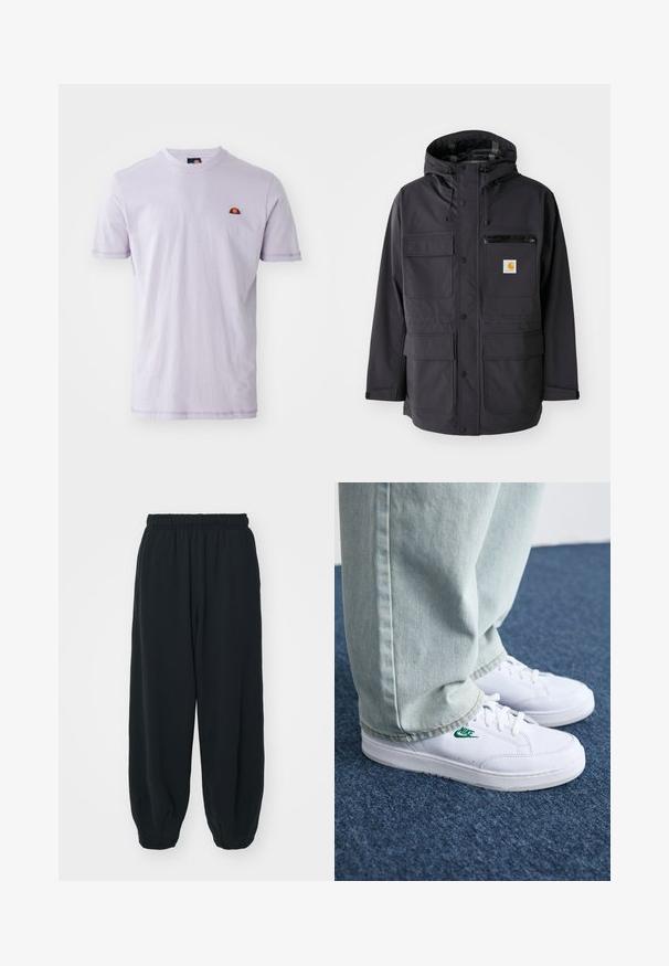 Black hooded jacket with a smooth fabric, featuring multiple front pockets, a zippered chest pocket, and a logo patch.; Light purple cotton t-shirt with short sleeves, crew neckline, and a small embroidered logo featuring a half-circle design in red and yellow.; Black, elasticated-waist sweatpants with a loose fit, cuffed ankles, smooth texture, and no visible patterns or hardware accents.; White leather sneakers with green Nike logo, round toe, flat sole, paired with light blue denim pants, shown on a blue carpet.