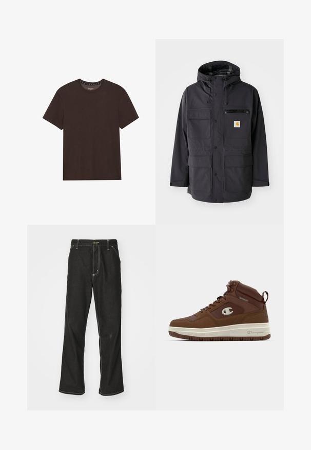 Μαύρο μπουφάν με κουκούλα, κατασκευασμένο από ομαλή ύλη, που διαθέτει πολλές μπροστινές τσέπες, μια τσέπη στο στήθος με φερμουάρ και μια ραμμένη ετικέτα λογότυπου.; Καφέ κοντομάνικο μπλουζάκι φτιαγμένο από μαλακό ύφασμα, με στρογγυλή λαιμόκοψή και απλό σχέδιο με ελάχιστες ραφές.; Μαύρα τζιν παντελόνια με χαλαρή εφαρμογή, που διαθέτουν λευκές ραφές σε αντίθεση, κλείσιμο με κουμπί και ίσια γραμμή.; Καφέ αδιάβροχο ψηλό στυλ αθλητικών παπουτσιών με άνω μέρος από σουέτ και ύφασμα, διαθέτοντας λευκή ενδιάμεση σόλα, καφέ ελαστική σόλα και λεπτομέρειες με λογότυπο.