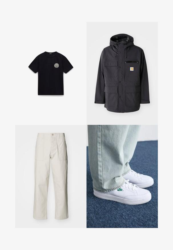 Black hooded jacket with a smooth fabric, featuring multiple front pockets, a zippered chest pocket, and a logo patch.; Black cotton t-shirt with short sleeves, round neck, and a white circular logo on the left chest area. Smooth texture, casual design.; Light beige wide-leg pants made of cotton. Features front pockets and a button closure. Smooth texture with subtle vertical lines.; White leather sneakers with green Nike logo, round toe, flat sole, paired with light blue denim pants, shown on a blue carpet.