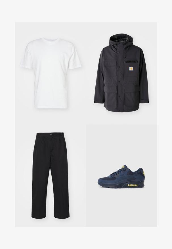 Zwarte hooded jacket van een gladde stof, met meerdere voorkruiszakken, een ritszak op de borst en een logo patch.; Witte katoenen T-shirt met korte mouwen, ronde halslijn en een gladde textuur. Eenvoudig ontwerp zonder patronen of afbeeldingen.; Zwarte katoenen broeken met een rechte pasvorm, voorzien van een knoopsluiting, twee voorkruiden en een soepele textuur.; Marineblauwe Nike Air Max sneakers met een bovenwerk van suede en mesh, voorzien van gele accenten, vetersluiting aan de voorkant en zichtbare luchtvering in de zool.
