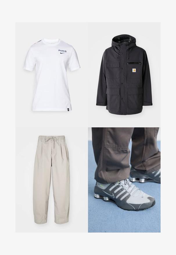 Čierna kapucňová bunda so hladkým materiálom, obsahujúca viacero predných vreciek, vrecko na zips na hrudi a logo nášivku.; Biela bavlnená tričko s krátkymi rukávmi, s nápisom "PARIS" a logom Nike v námornícky modrej na hrudi. Detaily v červenej farbe na pleciach.; Béžové, ľahké nohavice s elastickým pásom a šnúrkou na stiahnutie. Obsahujú plisovanie a voľný strih, vyrobené z mäkkej, hladkej tkaniny.; Šedé a strieborné tenisky Nike Shox majú elegantný dizajn, kombináciu sieťoviny a syntetických materiálov, zaoblenú špičku a polstrovaný golier.