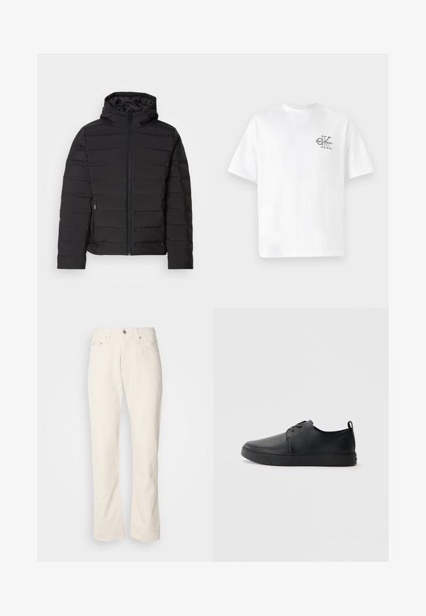 Juodas paminkštintas švarkas su gaubtu, su horizontaliomis siūlėmis, priekyje užtrauktuku ir šoninėmis kišenėmis. Glotni tekstūra, lengvas dizainas.; Balta medvilninė marškinėliai su trumpomis rankovėmis, apvalia kaklo iškirpte, kairėje krūtinės pusėje esantis juodas CK logotipas, standartinio kirpimo, lygus paviršius.; Šviesiai rudos medvilnės džinsai su klasikiniu tiesaus pjūvio dizainu, su priekyje esančiu mygtuko užsegimu, penkiomis kišenėmis ir subtiliomis siuvimo detalėmis.; Juodos odinės sportinės bateliai su lygiu paviršium, suapvalinta nosimi, toniniais siūlais, raištelių užsegimu priekyje ir plokščiu guminiu padu. Kilpelė ant kulno.