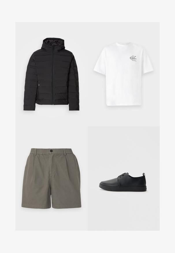 Casaco acolchoado preto com capuz, apresentando costuras horizontais, fecho de correr na frente e bolsos laterais. Textura suave, design leve.; T-shirt de algodão branco com mangas curtas, gola redonda, apresentando um logo CK preto na área do peito esquerdo, ajuste padrão, textura suave.; Calças de linho em caqui com uma cintura elástica, fecho de botão único e dois bolsos laterais. Tecido macio e leve com uma textura suave.; Sapatilha de couro preta com um acabamento liso, bico arredondado, costura ton sur ton, frente com atacadores e sola plana de borracha. Alça no calcanhar.