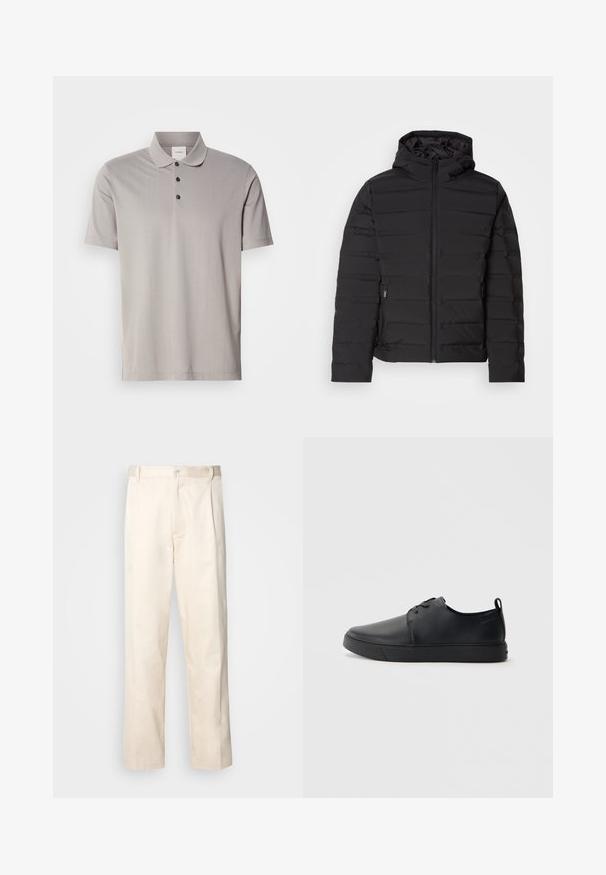 Crna podstavljena jakna s kapuljačom, s horizontalnim šavovima, prednjim zatvaračem i bočnim džepovima. Glatka tekstura, lagan dizajn.; Siva polo majica kratkih rukava od glatkog materijala, s klasičnim ovratnikom i tri crna gumba. Suptilan vertikalni rebrasti uzorak kroz cijelu majicu.; Bežaste pamučne hlače ravnog kroja s kopčanjem na dugme i plisiranjima sprijeda za dodatni detalj.; Crne kožne tenisice s glatkom površinom, zaobljenim vrhom, tonom prošivanja, vezanjem sprijeda i ravnim gumenim potplatom. Oko pete se nalazi učka.