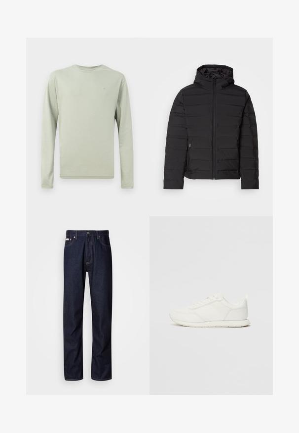 Svart fôret jakke med hette, med horisontale sømmer, frontglidelås og sidelommer. Glatt tekstur, lett design.; Langarmet skjorte i lysegrønt stoff. Rund hals, enkel design uten mønstre. Liten logo på brystet. Myk, glatt tekstur.; Mørkeblå denimjeans med rett ben-design, som har knappestolpe, fem lommer og kontrasterende sømdetaljer.; Hvit sneaker med en mesh- og syntetisk overdel, rund tå, flate lisser og en teksturert sidestropp. Gummisåle med en pull-tab bak.