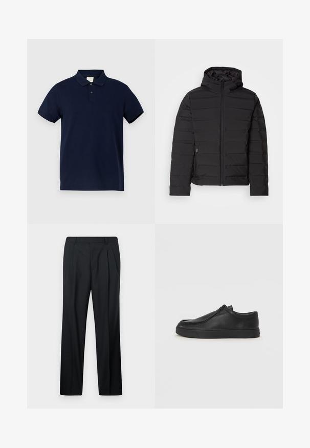 Fekete párnázott dzseki kapucnival, vízszintes varrásokkal, elöl cipzárral és oldalsó zsebekkel. Simább textúrájú, könnyű kialakítás.; Tengerészkék pólóing, pamutból készült, klasszikus gallérral, háromgombos nyakkal és rövid ujjakkal. Diszkrét logó a mellrészen.; Fekete nadrág finom anyagból, redőzött. Egyenes szabású, derékpánttal és övbújtatókkal, zsebek nélkül. Egyszerű kialakítás.; Fekete bőr slip-on cipő lekerekített orral, varrott részletekkel és fekete gumitalppal. Simaság és minimalista dizájn jellemzi.