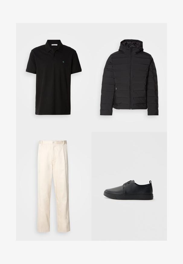 Casaco acolchoado preto com capuz, apresentando costuras horizontais, fecho de correr na frente e bolsos laterais. Textura suave, design leve.; Polo preto em algodão, com colarinho clássico, mangas curtas e um pequeno logotipo verde no lado esquerdo. As bordas estão bem acabadas.; Calças de algodão bege com corte reto, apresentando um fecho de botão e pregas na frente para um detalhe adicional.; Sapatilha de couro preta com um acabamento liso, bico arredondado, costura ton sur ton, frente com atacadores e sola plana de borracha. Alça no calcanhar.