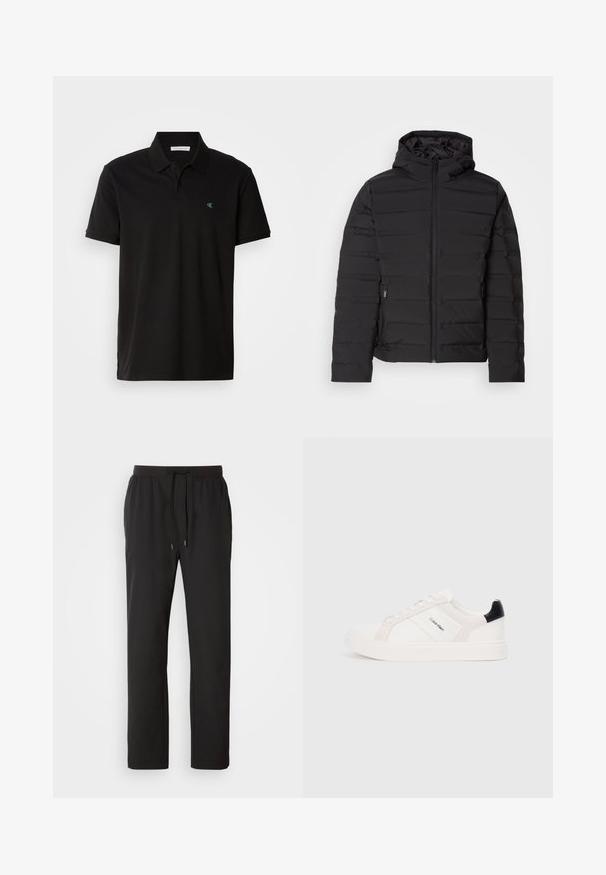 Svart vadderad jacka med huva, med horisontella sömmar, framdragkedja och sidofickor. Slät textur, lätt design.; Svart polo-tröja i bomull, med klassisk krage, korta ärmar och en liten grön logotyp på vänster sida. Kanten är fint avslutad.; Svarta joggerbyxor i lättviktig tyg, med elastisk midja och justerbara snoddar samt sidofickor. Slät textur.; Vita sneakers med ljusrosa och svarta accenter, med slät läder- och mockapaneler, rund tå och platt gummisula.