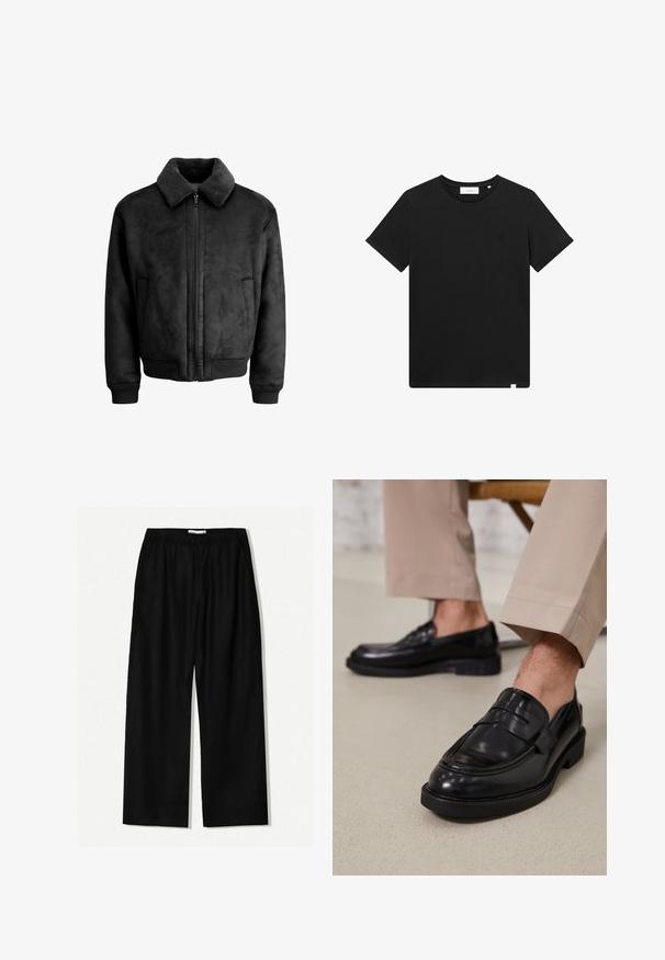Čierna bomber bunda z umelého semišu s mäkkým, textúrovaným golierom, predným zipsom a bočnými vreckami. Rukávy a spodný lem sú zakončené ribbovaním.; Čierne tričko s krátkym rukávom vyrobené z bavlny, s okrúhlym výstrihom a malým logom vyšitým na hrudi. Hladká textúra, štandardný strih.; Čierne ľanové nohavice s širokými nohavicami a elastickým pásom, s bočnými vreckami a hladkou textúrou pre pohodlie a priedušnosť.; Čierne kožené poltopánky s hladkým povrchom, so zdobným remienkom a kontrastným prešívaním, skombinované s béžovými nohavicami.