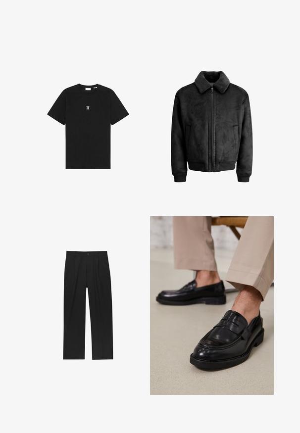 Čierna bomber bunda z umelého semišu s mäkkým, textúrovaným golierom, predným zipsom a bočnými vreckami. Rukávy a spodný lem sú zakončené ribbovaním.; Čierne bavlnené tričko s krátkymi rukávmi a okrúhlym výstrihom. Na hrudi je umiestnený biely potlačený text "II."; Čierne nohavice s rovnými nohavicami, vyrobené z hladkej tkaniny. Majú predné puky a jediné gombíkové zapínanie v páse.; Čierne kožené poltopánky s hladkým povrchom, so zdobným remienkom a kontrastným prešívaním, skombinované s béžovými nohavicami.