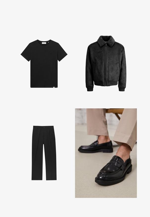Černá bomber bunda z umělé semišové látky s měkkým, texturovaným límcem, předním zipem a bočními kapsami. Dokončena žebrovanými manžetami a lemem.; Černé tričko s krátkým rukávem vyrobené z bavlny, s kulatým výstřihem a malým vyšitým logem na hrudi. Hladká textura, standardní střih.; Černé kalhoty s rovnými nohavicemi, vyrobené z hladké tkaniny. Mají přední záhyby a jedno knoflíkové zapínání v pase.; Černé kožené loafers s hladkým povrchem, zdobené páskem a kontrastním prošíváním, spárované s béžovými kalhotami.