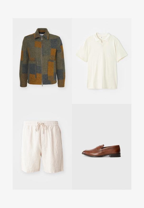 Fleece-takki hillityssä vihreässä, jossa on oransseja ja sinisiä geometrisia täpliä, kauluksen näköinen kaulus, etuvetoketju ja kaksi sivutaskua.; Kermavan värinen polo-paita, jossa on klassinen kaulus, lyhyet hihat ja pieni V-leikkaus kaula-aukossa. Sujuva kangas ja minimalistinen muotoilu.; Beige pellava-shortsit, joissa on joustava vyötärö, säädettävä naru ja sivutaskut. Pehmeä rakenne ja rento istuvuus.; Ruske nahkakengät, joissa on pyöreä kärki, minimaalinen ommel ja matala lohkopohja. Ominaisuuksiin kuuluu koristeellinen hihna vampin poikki.