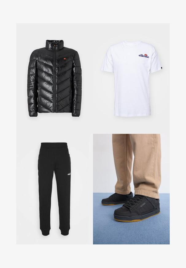 Juoda pūkinė striukė su aukštu apykakliu, siuvinėta chevronų raštu, priekyje užtrauktukas ir mažas logotipo akcentas ant krūtinės. Lygus, blizgus paviršius.; Balta medvilninė marškinėliai su trumpomis rankovėmis, kuriose kairėje krūtinės pusėje yra tamsiai mėlyna siuvinėta emblema ir ryški spalvų akcentas virš emblemos.; Juodos sportinės kelnės, pagamintos iš minkštos medžiagos, turi siaurėjančius kojų šonus, elastinę juostą, šonines kišenes su užtrauktukais ir mažą logotipo akcentą.; Juodais riedlenčių batais su tekstūruota sintetine viršutine dalimi, paminkštintu padu, pilkais raišteliais ir guminiu padu. Dėvimi su šviesiai smėlinėmis kelnėmis.