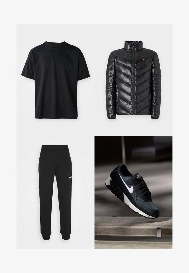 Jaqueta corta-vento preta com gola alta, padrão acolchoado em chevron, fecho de correr frontal e pequeno logótipo no peito. Textura lisa e brilhante.; T-shirt preta de gola redonda feita de algodão. Mangas curtas, corte padrão, sem padrões visíveis, design minimalista com um detalhe de logotipo discreto.; Calças de treino pretas, feitas de um tecido suave, apresentam um design de perna afunilada, cintura elástica, pockets laterais com fechos éclair, e um pequeno logótipo como detalhe.; Sapatilhas pretas e verdes com um upper de malha padrão, logotipo swoosh branco, colarinho almofadado e uma unidade de amortecimento de ar visível na sola.