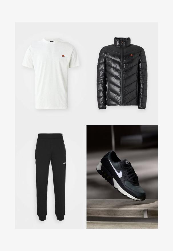 Chaqueta acolchada negra con cuello alto, patrón de chevron acolchado, cremallera frontal y pequeño detalle de logo en el pecho. Textura lisa y brillante.; Ellesse GAUGUIN TEE - Camiseta básica - off white; Pantalones de chándal negros hechos de una tela suave que cuentan con un diseño de pierna ajustada, cintura elástica, bolsillos laterales con cremalleras y un pequeño logo de acento.; Zapatilla negra y verde con una parte superior de malla con diseño, logotipo Swoosh blanco, cuello acolchado y una unidad de amortiguación de aire visible en la suela.