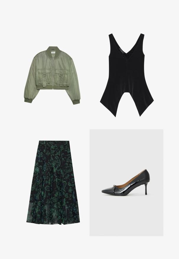 Veste bomber verte olive raccourcie en nylon brillant avec des poignets côtelés, deux poches avant et des accents en anneau argenté. Fermeture zippée à l'avant.; Top noir sans manches avec un col en V, présentant des détails en dentelle au niveau de l'encolure et un design distinctif à ourlet évasé. Fabriqué en tissu doux et lisse.; Jupe noire avec un motif floral vert, dotée de bords à volants et de plis. Fabriquée en tissu léger, offrant une silhouette fluide.; Chaussure à talons hauts en cuir verni noir avec un bout pointu, détail de sangle décorative à l'avant et un fin talon aiguille.