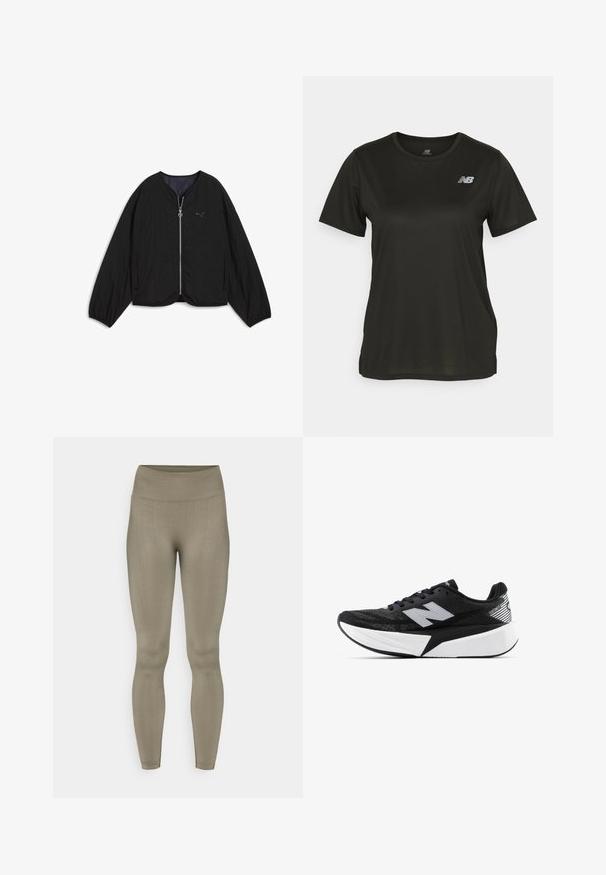 Jachetă bomber neagră cu închidere cu fermoar, gât rotund și mâneci căzute. Prezintă un material texturat și un logo mic pe piept.; Tricou negru cu mânecă scurtă, fabricat dintr-un material neted, având guler rotund și un logo alb reflectorizant pe pieptul stâng.; Leggings elastice de tip stretch într-o nuanță de verde măsliniu estompat. Talie înaltă, textură netedă, design ajustat la corp și construcție fără cusături.; Pantof de alergare New Balance alb-negru, cu talpă groasă, parte superioară din plasă și logo-ul "N" pe lateral, văzut din partea exterioară.