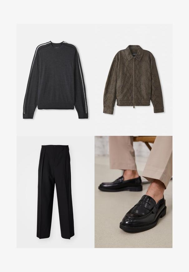 Pruun nahkmustritega jakk, millel on lukuga esiosa, krae ja küljetaskud. Valmistatud pehmest materjalist, millel on lõdvaistuv ja tekstureeritud pind.; Tumehall villane särk, millel on pikad varrukad, ümmargune kaelus, valged küljeribad, soonikust mansetid ja alläär, ning millel on rindkere kohal peene logo.; Mustad volditud püksid sirge ja laia säärega disainiga. Valmistatud siledast kangast, millel on nuppudega sulgemine ja vööaasad.; Mustad nahast mokassiinid sileda viimistlusega, dekoratiivse rihma ja kontrastõmblustega, koos beežide pükstega.