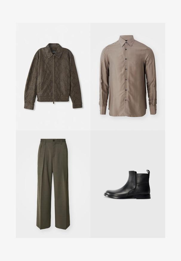 Veste en simili cuir de serpent marron avec fermeture éclair à l'avant, col et poches latérales. Fabriquée dans un matériau doux avec une coupe décontractée et une surface texturée.; Chemise à manches longues de couleur taupe, en tissu lisse, avec un devant à boutons et des boutons foncés, ornée d'un petit logo sur la poitrine.; Filippa K WIDE TROUSERS - Pantalon classique - driftwood; Botte de cheville en cuir noir avec bout rond, panneaux latéraux élastiques et dos texturé. Elle dispose d'une semelle en caoutchouc plate et d'une languette de traction.