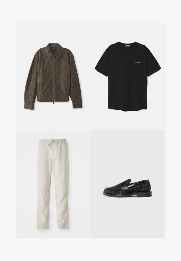 Brown snakeskin-patterned jacket with a zip front, collar, and side pockets. Made of soft material with a relaxed fit and textured surface.; Black cotton T-shirt with a crew neck, short sleeves, and a white logo print on the left chest. Simple, solid color design.; Light beige linen pants with a straight leg design, elastic waistband, adjustable drawstring, and no visible patterns or hardware.; Black woven slip-on shoe with a smooth leather accent on the upper, a round toe design, and a low-profile rubber sole.