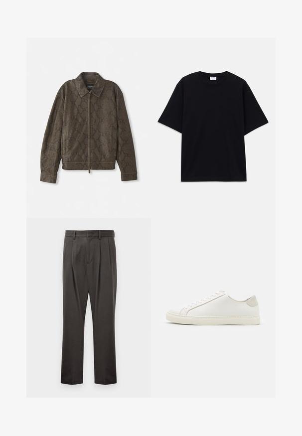 Pruun nahkmustritega jakk, millel on lukuga esiosa, krae ja küljetaskud. Valmistatud pehmest materjalist, millel on lõdvaistuv ja tekstureeritud pind.; Must t-särk, lühikeste varrukatega, üle mõõdu, ümmarguse kaelusega ja nähtava Filippa K brändi sildiga kaelas.; Tumedashallased püksid, mis on valmistatud tekstuuriga kangast, lame esiosa, voldid, sirged jalad ja vöökohastab. Pole nähtavat riistvara ega mustreid.; Valge nahast sneaker, millel on sile pind, ümar varvas ja minimalistlik disain. Omab beeže aktsente kontsas ja kummist tallat.