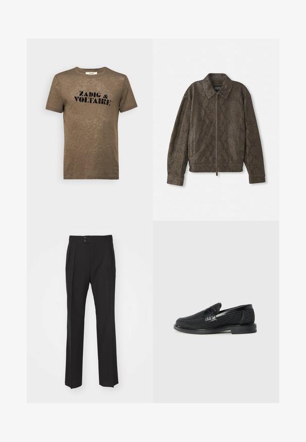 Braune Jacke mit Schlangenledermuster, mit Reißverschluss vorne, Kragen und Seitentaschen. Aus weichem Material mit lockerer Passform und strukturierter Oberfläche hergestellt.; Zadig & Voltaire TOMMY  - T-Shirt print - cognac; Schwarze maßgeschneiderte Hose mit geradem Bein, zwei Fronttaschen und einer doppelten Knopfverschluss an der Taille. Glatte Stoffoberfläche.; Schwarzer geflochtener Slipper mit einem glatten Lederakzent im Obermaterial, einem runden Zehendesign und einer flachen Gummisohle.