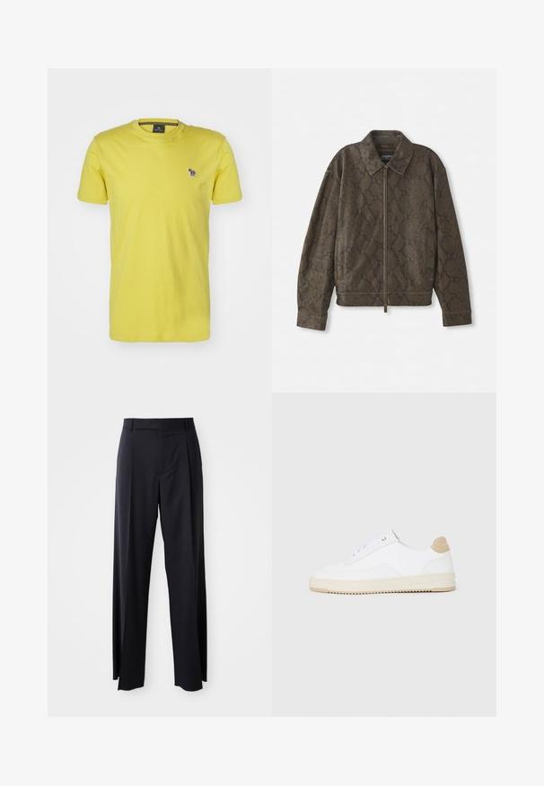 Ruskea käärmeennahkakuosiset takki, jossa on vetoketjukiinnitys, kaulus ja sivutaskut. Valmistettu pehmeästä materiaalista, jossa on rento malli ja teksturoitu pinta.; PS Paul Smith MENS SLIM FIT ZEBRA - T-paita - yellow; Musta, korkeavyötäröinen housupari, jossa on leveä lahje, valmistettu sileästä kankaasta. Edessä on laskokset ja vyölenkit. Minimalistinen muotoilu, ei näkyvää metalliosaa.; Valkoiset matalat tennarit, joissa on teksturoitu nahkapinta, kermaisa uratettu pohja sekä ruskea kantapääkorostus. Varustettu valkoisilla nauhoilla ja logoyksityiskohdalla kantapäässä.