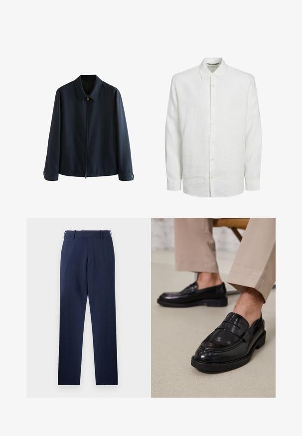 Navy vetoketjuhuppari, jossa on kaulus, tekstuurinen kangas, pitkät hihat ja nappikiinnitys hihansuissa, jotka on korostettu hienovaraisilla pystysuorilla raidoilla.; Valkoinen pitkähihaisia paita, joka on valmistettu pellavasta. Paidassa on napitettava etuosa, klassinen kaulus ja hienovarainen rakenne. Hihat päättyvät ranteeseen nappikiinnityksellä.; Tummansinisiä housuja, jotka on valmistettu rakenteellisesta kankaasta. Niissä on suora lahje, vyölenkit ja etutaskut käytännöllisyyden vuoksi.; Musta nahkakengät, joissa on sileä pinta, koristetasku ja kontrastisomistus, yhdistettynä vaaleanbeigeihin housuihin.
