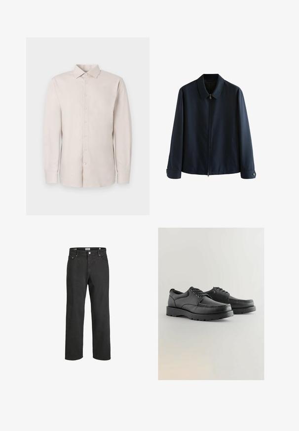 Jūras spēku zip-up jaka ar apkakli, izgatavota no teksturēta auduma, ar garām piedurknēm un pogāmiem aprocēm, akcentēta ar smalkām vertikālām svītrām.; Gai bēžs garo piedurkņu krekls ar pogu aizdari priekšā, klasiskā apkaklē un ar smalku tekstūru. Iekļauj standarta aproces un sešas pogas.; Melnas taisnā kāju džinsas, izgatavotas no kokvilnas, ar klasisku piecu kabatu dizainu, pogu aizdari un smalkiem izšuvumiem.; Melnas ādas kurpes ar teksturētu virsotni, apaļu purngali, auklu aizdari, un biezām gumijas zolēm ar profilētu rakstu.