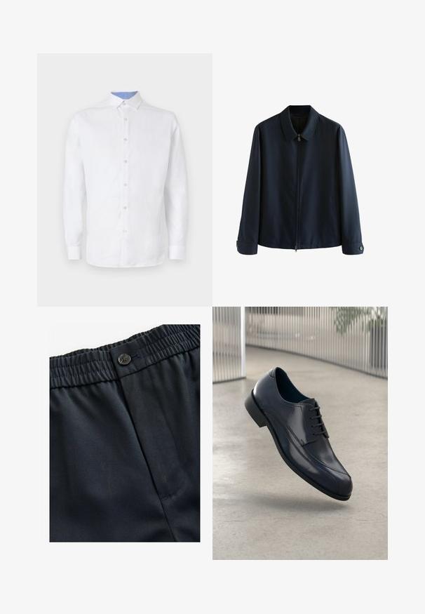 Mornarska zip-up jakna s ovratnikom, izdelana iz teksturirane tkanine, z dolgimi rokavi in gumbnimi manšetami, okrašena z diskretnimi navpičnimi črtami.; Bela srajca z dolgimi rokavi in sprednjim zapenjanjem, ki ima v ovratniku in mansetah svetlo modri karo vzorec. Gladka tekstura blaga.; Mornarsko modra, lahka tkanina z gladko teksturo. Ima elastičen pas z gumbom in enostransko žep.; Svetleče črne usnjene čevlje za obleko z vezalkami, ki lebdi nad gladko, svetlo sivo tlemi ter vertikalnimi kovinskimi palicami v ozadju.