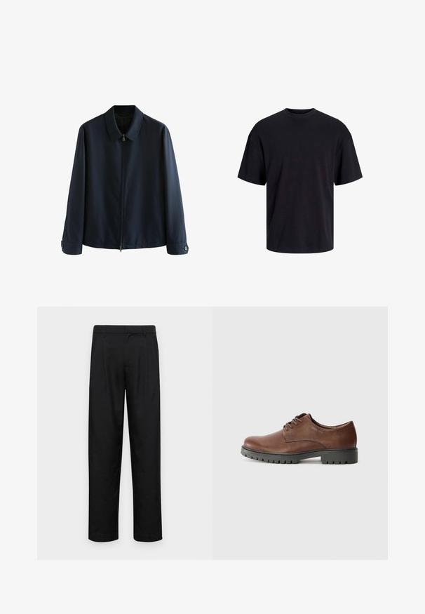 Mornarska jakna na zatvaranje s ovratnikom, od teksturiranog materijala, dugih rukava i manžetama na dugmad, s blagim vertikalnim prugama.; Crna pamučna majica s okruglim izrezom, kratkim rukavima i opuštenim krojem. Glatka tekstura bez vidljivih uzoraka ili dekoracija.; Crne hlače od glatkog materijala, s dizajnom ravnih nogavica, dva prednja nabora i standardnim pojasom s petljama za remen.; Smeđe kožne oxford cipele s glatkom teksturom, zaobljenim vrhom i crnim gumene potplate s uzorkom. Špica sa vezicama sprijeda.