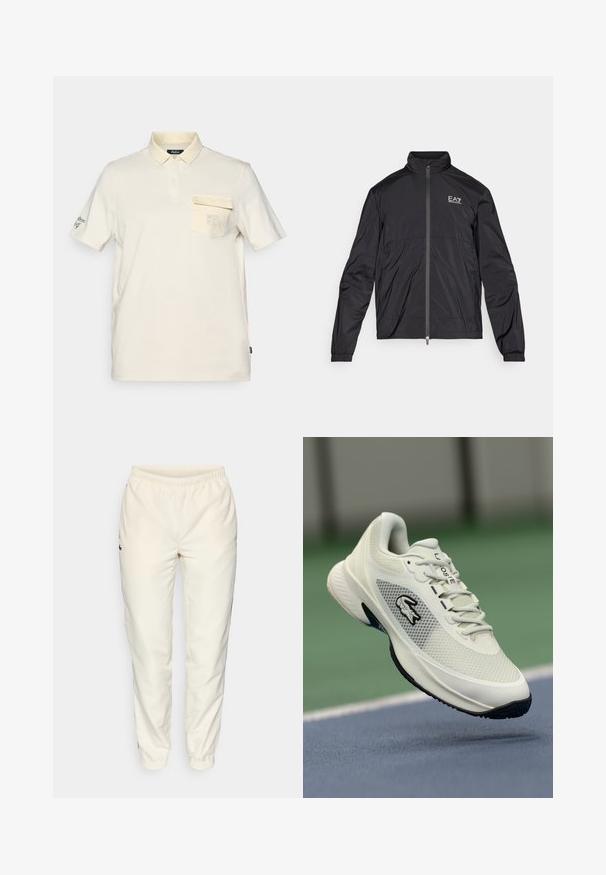 Czarna lekka kurtka z wysokim kołnierzem, pełnym zapięciem na zamek z przodu, elastycznymi mankietami oraz logo EA7 na lewej piersi. Gładkie, matowe wykończenie.; Kremowa koszulka polo z krótkim rękawem, z kieszonką na guziki na piersi, z logo i haftowanym tekstem na lewym rękawie.; Kremowe spodnie sportowe z elastycznym paskiem, zwężanymi nogawkami i małym, ciemnozielonym logo po lewej stronie. Gładki, lekki materiał.; Białe sportowe sneakersy z siateczkową cholewką, czarnymi akcentami, teksturowaną podeszwą i wyraźnym logo z boku, prezentowane na tle boiska.