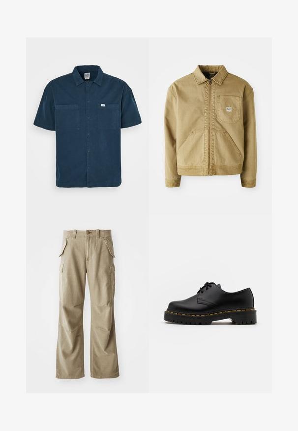 Veste beige avec zip sur le devant, col pointu, poche poitrine et grandes poches latérales. Fabriquée en tissu robuste avec des détails de couture visibles.; Chemise à manches courtes en coton, de couleur navy, avec un col, deux poches poitrine et une petite étiquette sur le côté gauche.; Pantalons cargo beiges en tissu résistant, avec une coupe décontractée, plusieurs poches latérales et des genoux renforcés. Design à l'avant plat.; Chaussure en cuir noir à lacets avec un bout arrondi, semelle en caoutchouc texturée et surpiqûre jaune autour de la base. Design plat et finition lisse.
