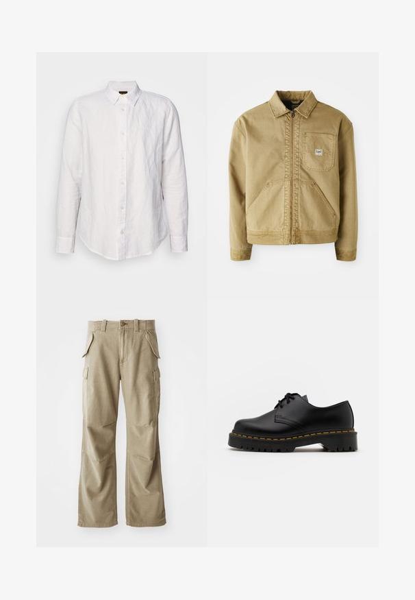 Giacca tan con zip frontale, colletto a punta, tasca sul petto e ampie tasche laterali. Realizzata in tessuto resistente con dettagli di cucitura in vista.; Camicia bianca a maniche lunghe in lino, con colletto button-down, bottoni frontali e un piccolo logo ricamato sul petto.; Pantaloni cargo beige realizzati in tessuto resistente, caratterizzati da una vestibilità comoda, numerose tasche laterali e ginocchia rinforzate. Design con davanti piatto.; Scarpa nera in pelle con lacci, punta arrotondata, suola in gomma texturizzata e cuciture gialle attorno alla base. Design piatto e finitura liscia.