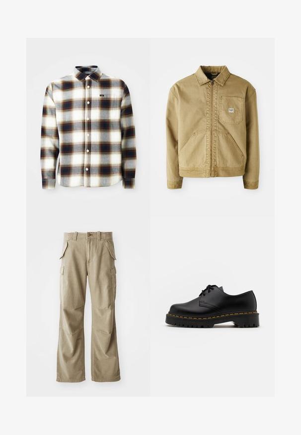 Tan jas met een ritssluiting aan de voorkant, spitse kraag, borstzak en grote zijzakken. Gemaakt van stevig materiaal met zichtbare stikseldetails.; Langetermijn gestreepte blouse in wit, grijs en bruin. Heeft een knoopsluiting, klassieke kraag en een klein merkembleem op de borst.; Beige cargobroek van duurzaam materiaal, met een relaxte pasvorm, meerdere zijzakken en verstevigde knieën. Vlakke voorkant.; Zwarte leren veterschoen met een ronde neus, getextureerde rubberen zool en gele stiksels rond de basis. Plat ontwerp en een gladde afwerking.