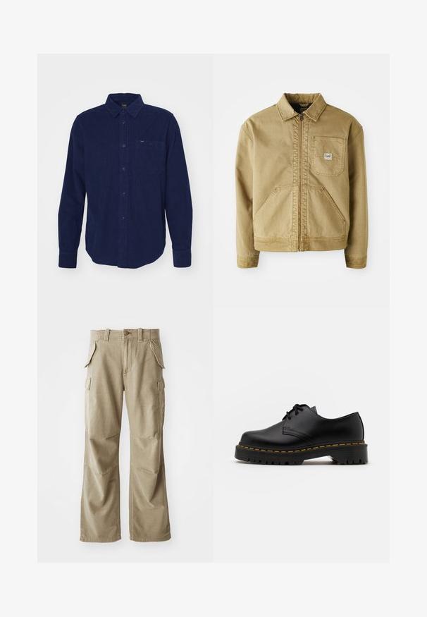Beige Jacke mit Reißverschluss, spitzem Kragen, Brusttasche und großen seitlichen Taschen. Hergestellt aus robuster Stoff mit sichtbaren Nähten.; Marineblaue Cordhemd mit langen Ärmeln, Button-Down-Kragen, Vorderseiteute und subtilen Texturdetails. Mit markiertem Etikett am Kragen.; Dunkelgraues Baumwoll-T-Shirt mit Rundhalsausschnitt, kurzen Ärmeln und einem kleinen aufgedruckten Logo auf der linken Seite. Klassische Passform mit geradem Saum.; Beige Cargo-Hose aus strapazierfähigem Material, mit lockerer Passform, mehreren Seitentaschen und verstärkten Knien. Flach geschnittenes Design.; Schwarze Leder Schnürschuhe mit runder Spitze, strukturiertem Gummisohle und gelben Nähten um den Rand. Flaches Design und glatte Oberfläche.