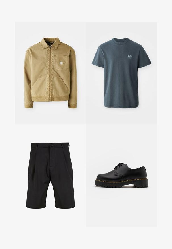 Veste beige avec zip sur le devant, col pointu, poche poitrine et grandes poches latérales. Fabriquée en tissu robuste avec des détails de couture visibles.; T-shirt en coton gris foncé avec un col rond, des manches courtes et un petit logo imprimé sur le côté gauche. Coupe classique avec ourlet droit.; Shorts noirs en tissu lisse avec une coupe ajustée, dotés d'une fermeture à bouton à l'avant, de plis et de poches latérales.; Chaussure en cuir noir à lacets avec un bout arrondi, semelle en caoutchouc texturée et surpiqûre jaune autour de la base. Design plat et finition lisse.