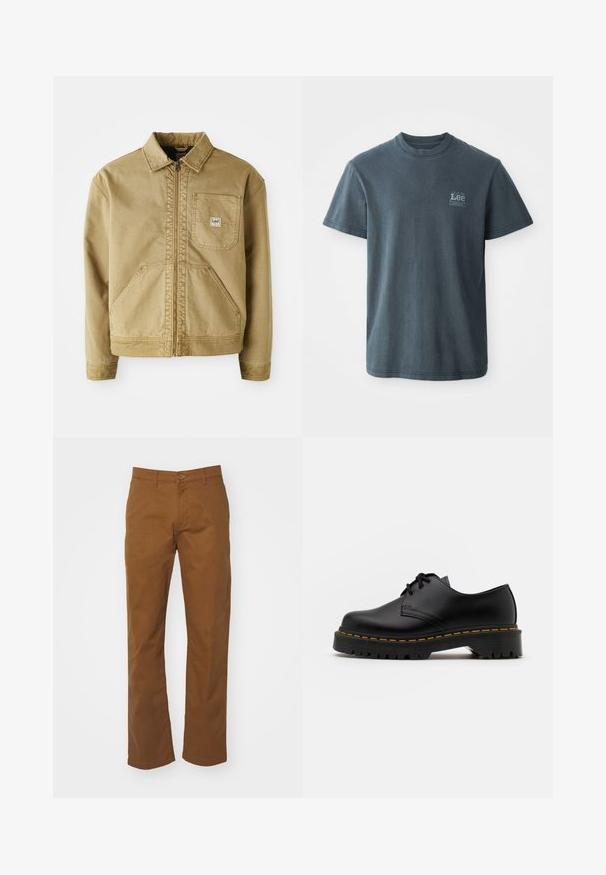 Tan jakke med lynlås i front, spidse krave, brystlomme og store sidelommer. Lavet af robust stof med synlige syninger.; Mørkegrå bomulds T-shirt med rund hals, korte ærmer og et lille trykt logo på venstre side. Klassisk pasform med lige kant.; Brune bomulds-chinos med lige snit. Har knap- og lynlås-lukning, bæltestropper og to sidelommer. Glat tekstur og minimal detaljering.; Sort læder snøresko med en rund tå, tekstureret gummisål og gule stikninger omkring bunden. Flad design og glat finish.