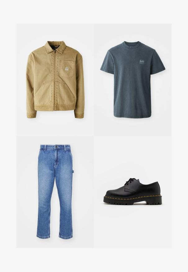 Beżowa kurtka z zamkiem z przodu, spiczastym kołnierzem, kieszenią na piersi oraz dużymi kieszeniami bocznymi. Wykonana z wytrzymałego materiału z widocznymi detalami szwów.; Czarnoszary t-shirt bawełniany z okrągłym dekoltem, krótkimi rękawami i małym nadrukowanym logo po lewej stronie. Klasyczny krój z prostym dołem.; Niebieskie dżinsy wykonane z denimu, z prostym krojem, pięcioma kieszeniami i kontrastującymi szwami. Zapięcie na guziki i suwak w talii.; Czarne skórzane buty na sznurówki z zaokrąglonym noskiem, teksturowaną gumową podeszwą i żółtym przeszyciem wokół podstawy. Płaski design i gładkie wykończenie.