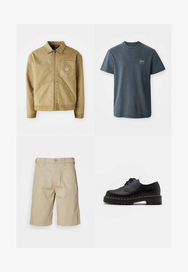 Tan jas met een ritssluiting aan de voorkant, spitse kraag, borstzak en grote zijzakken. Gemaakt van stevig materiaal met zichtbare stikseldetails.; Donkergrijze katoenen T-shirt met ronde hals, korte mouwen en een klein bedrukt logo aan de linkerkant. Klassieke pasvorm met rechte zoom.; Beige katoenen shorts met een rechte snit, knoopsluiting, riemlussen en twee zijzakken. Glad textuur en knielange ontwerp.; Zwarte leren veterschoen met een ronde neus, getextureerde rubberen zool en gele stiksels rond de basis. Plat ontwerp en een gladde afwerking.