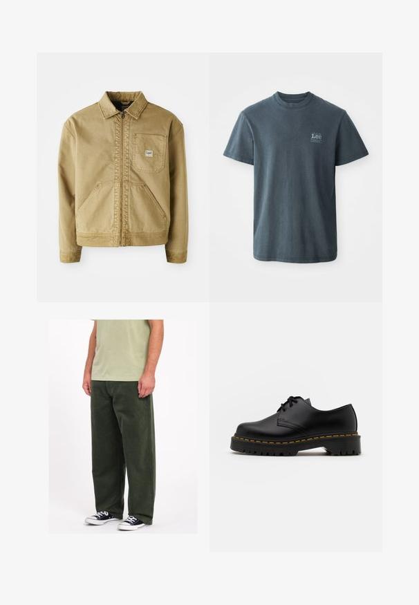 Beige Jacke mit Reißverschluss, spitzem Kragen, Brusttasche und großen seitlichen Taschen. Hergestellt aus robuster Stoff mit sichtbaren Nähten.; Dunkelgraues Baumwoll-T-Shirt mit Rundhalsausschnitt, kurzen Ärmeln und einem kleinen aufgedruckten Logo auf der linken Seite. Klassische Passform mit geradem Saum.; Grüne Cord-Hosen mit weitem Bein und weicher Textur. Getragen mit einem hellgrünen Hemd und Schwarz-Weiß-Sneakers. Einfaches, praktisches Design.; Schwarze Leder Schnürschuhe mit runder Spitze, strukturiertem Gummisohle und gelben Nähten um den Rand. Flaches Design und glatte Oberfläche.