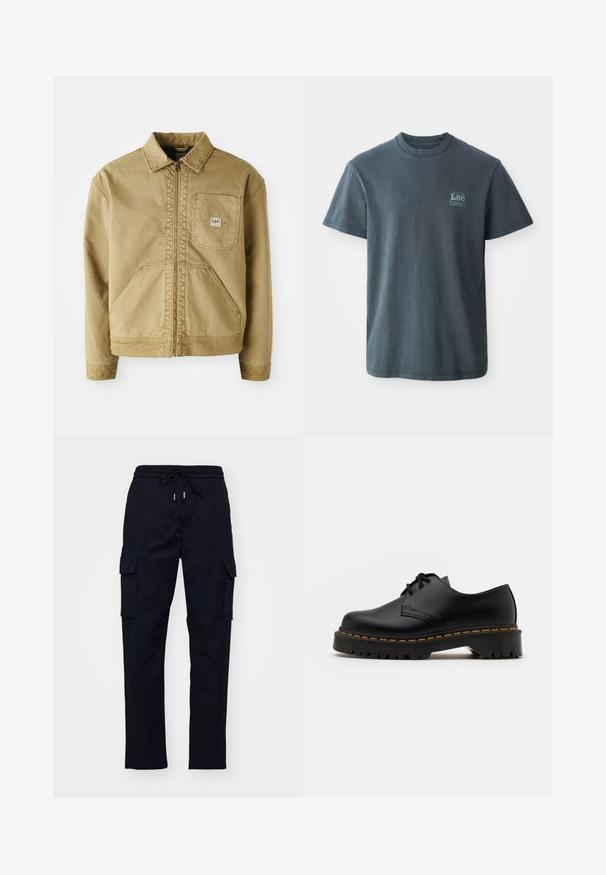 Beżowa kurtka z zamkiem z przodu, spiczastym kołnierzem, kieszenią na piersi oraz dużymi kieszeniami bocznymi. Wykonana z wytrzymałego materiału z widocznymi detalami szwów.; Czarnoszary t-shirt bawełniany z okrągłym dekoltem, krótkimi rękawami i małym nadrukowanym logo po lewej stronie. Klasyczny krój z prostym dołem.; Czarne spodnie cargo z elastycznym pasem, sznurkiem i dwiema bocznymi kieszeniami. Gładka tkanina z tapered leg design.; Czarne skórzane buty na sznurówki z zaokrąglonym noskiem, teksturowaną gumową podeszwą i żółtym przeszyciem wokół podstawy. Płaski design i gładkie wykończenie.